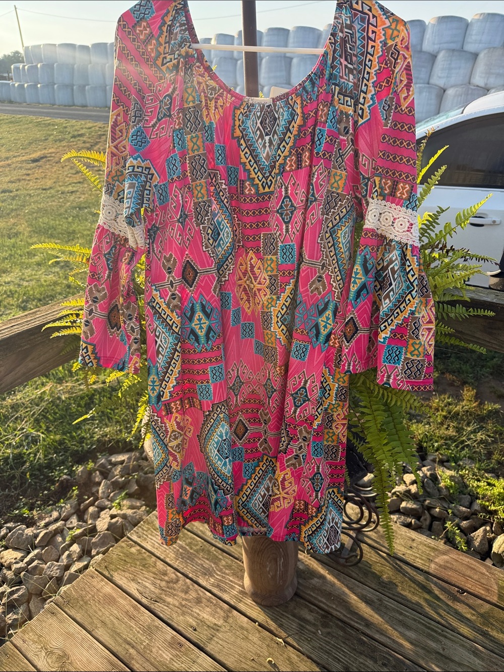 Boho Pink Multi-Pattern Mini Dress with Lace Trim Sleeves very much so BoHo